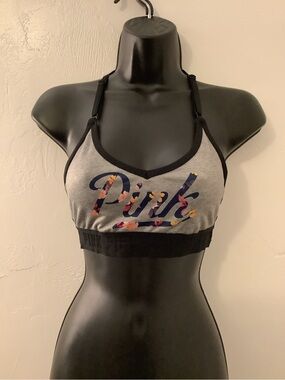 PINK Victoria's Secret Gray Floral Logo Sports Bralette